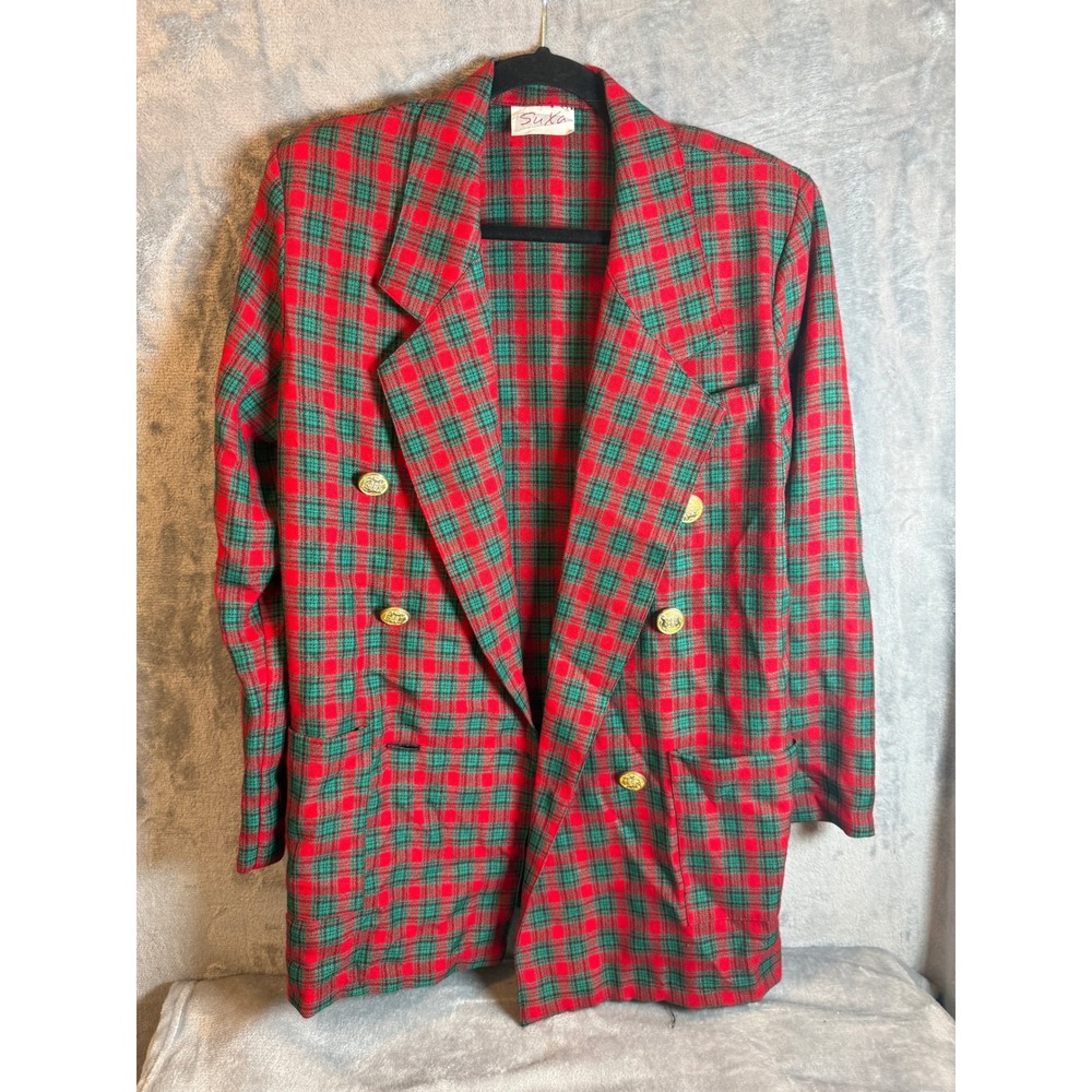 Suka Blazer Jacket Woman L Red Green Plaid Double Breasted Gold Buttons L